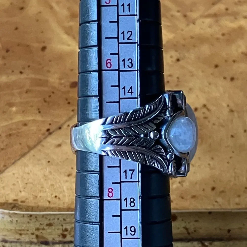 Natural Rainbow Moonstone White Topaz Sterling Silver Ring Size 7